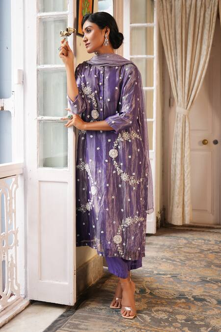 Shop Midushi Bajoria Purple Crepe, Silk Pearls, Crystals Floral Wreath Embroidered Kurta Pant Set Online at Aza Fashions Shop_Midushi Bajoria_Purple Crepe, Silk Pearls, Crystals Floral Wreath Embroidered Kurta Pant Set _Online_at_Aza_Fashions