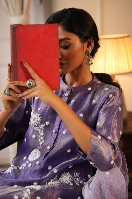 Midushi Bajoria Purple Crepe, Silk Pearls, Crystals Floral Wreath Embroidered Kurta Pant Set at Aza Fashions Midushi Bajoria_Purple Crepe, Silk Pearls, Crystals Floral Wreath Embroidered Kurta Pant Set _at_Aza_Fashions