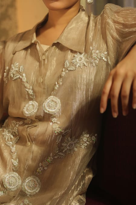 Midushi Bajoria_Gold Satin, Silk Pearls, Crystals, Smocking Embroidered Long Shirt Pant Set _Online_at_Aza_Fashions