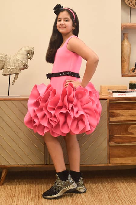 Buy_Fayon Kids_Pink Lycra Sequins Ruffled Sleeveless Dress _Online_at_Aza_Fashions