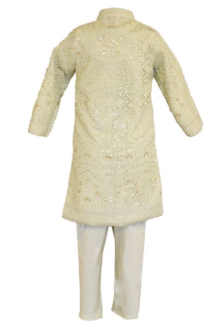 FAYON KIDS Green Achkan Net Embroidered Sequins And Churidar Set 