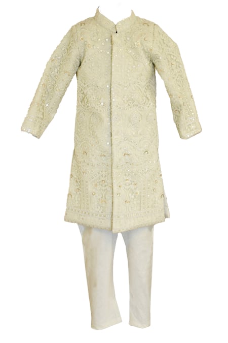 Shop_Fayon Kids_Green Net, , Silk, Satin Sequins Embroidered Achkan And Churidar Set _at_Aza_Fashions