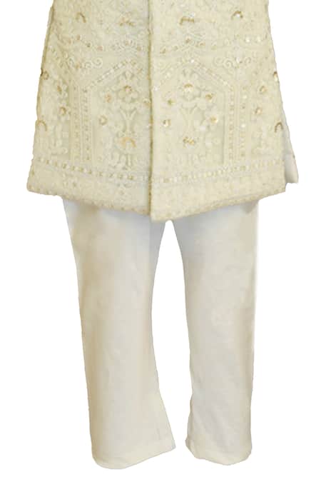 Fayon Kids_Green Net, , Silk, Satin Sequins Embroidered Achkan And Churidar Set _Online_at_Aza_Fashions