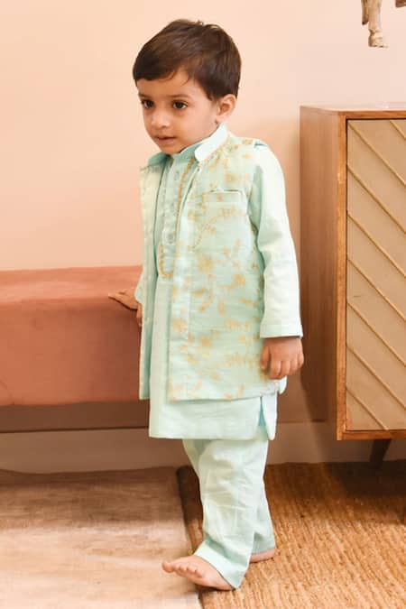 FAYON KIDS Blue Chanderi Embroidered Floral Nehru Jacket Set