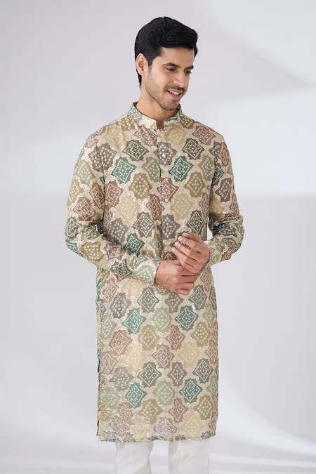 Rabani & Rakha_Green Cotton, Silk Sequins Bandhani Kurta And Pant Set _Online_at_Aza_Fashions