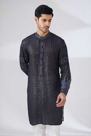 Rabani & Rakha Grey Georgette, Cotton Sequins, Embroidery And Thread Straight Kurta & Pant Set Online at Aza Fashions Rabani & Rakha_Grey Georgette, Cotton Sequins, Embroidery And Thread Straight Kurta & Pant Set _Online_at_Aza_Fashions