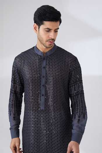 Buy Rabani & Rakha Grey Georgette, Cotton Sequins, Embroidery And Thread Straight Kurta & Pant Set Online at Aza Fashions Buy_Rabani & Rakha_Grey Georgette, Cotton Sequins, Embroidery And Thread Straight Kurta & Pant Set _Online_at_Aza_Fashions