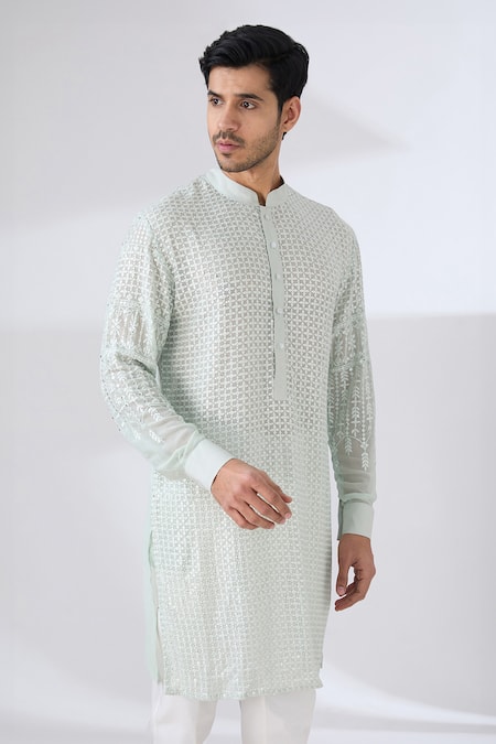 Rabani & Rakha_Green Georgette Sequins, Embroidery Thread And Work Kurta & Pant Set _Online_at_Aza_Fashions