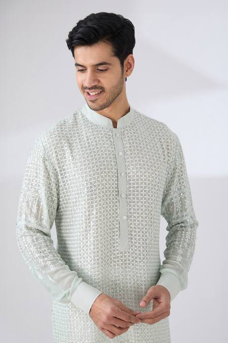 Buy_Rabani & Rakha_Green Georgette Sequins, Embroidery Thread And Work Kurta & Pant Set _Online_at_Aza_Fashions