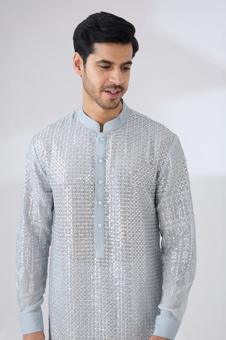 Buy_Rabani & Rakha_Grey Georgette, Cotton Sequins, Embroidery Zari Kurta And Pant Set _Online_at_Aza_Fashions