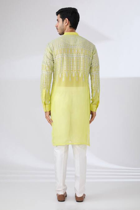Shop Rabani & Rakha Yellow Georgette, Cotton Sequins, Embroidery And Thread Work Kurta & Pant Set at Aza Fashions Shop_Rabani & Rakha_Yellow Georgette, Cotton Sequins, Embroidery And Thread Work Kurta & Pant Set _at_Aza_Fashions