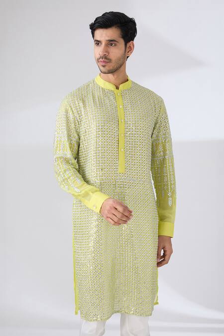 Rabani & Rakha Yellow Georgette, Cotton Sequins, Embroidery And Thread Work Kurta & Pant Set Online at Aza Fashions Rabani & Rakha_Yellow Georgette, Cotton Sequins, Embroidery And Thread Work Kurta & Pant Set _Online_at_Aza_Fashions