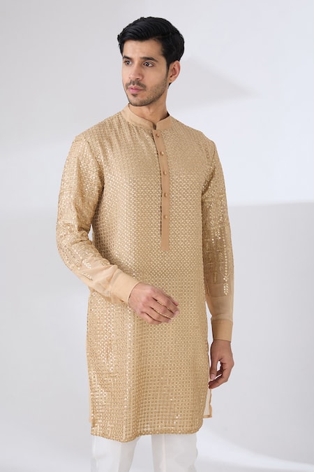 Rabani & Rakha_Gold Georgette, Cotton Sequins, Embroidery Kurta With Pant _Online_at_Aza_Fashions