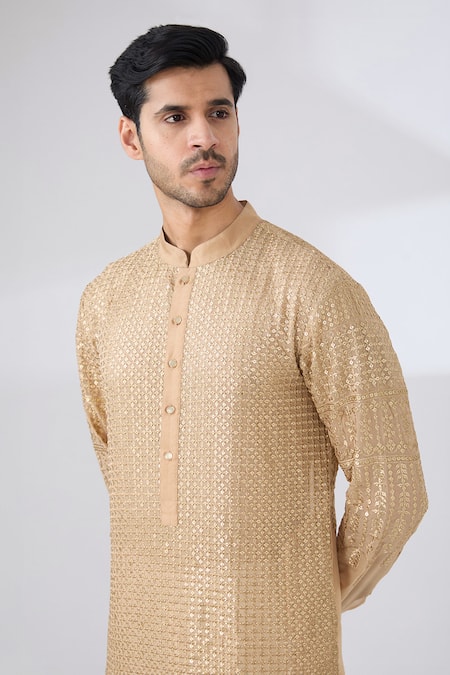 Buy_Rabani & Rakha_Gold Georgette, Cotton Sequins, Embroidery Kurta With Pant _Online_at_Aza_Fashions