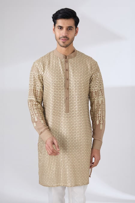 Rabani & Rakha_Gold Georgette, Cotton Sequins, Embroidery Kurta And Pant Set _Online_at_Aza_Fashions