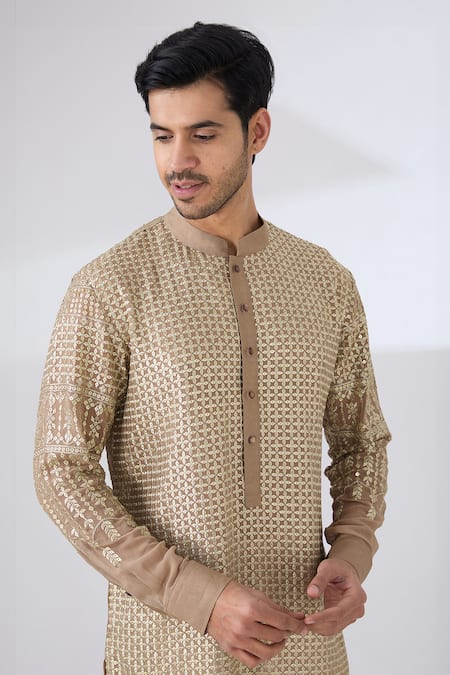 Buy_Rabani & Rakha_Gold Georgette, Cotton Sequins, Embroidery Kurta And Pant Set _Online_at_Aza_Fashions