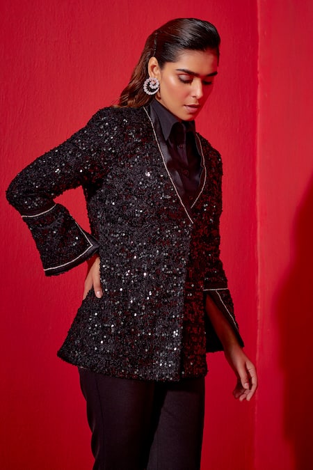 Shop Studio22 By Pulkita Arora Bajaj Black Tweed Sequins, Stones Plunge Neck Embellished Jacket And Pant Set Online at Aza Fashions Shop_Studio22 By Pulkita Arora Bajaj_Black Tweed Sequins, Stones Plunge Neck Embellished Jacket And Pant Set _Online_at_Aza_Fashions