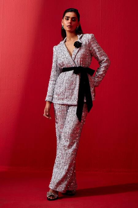 Shop Studio22 By Pulkita Arora Bajaj Silver Tweed Sequins, Fabric Flowers Embellished Blazer And Pant Set Online at Aza Fashions Shop_Studio22 By Pulkita Arora Bajaj_Silver Tweed Sequins, Fabric Flowers Embellished Blazer And Pant Set _Online_at_Aza_Fashions