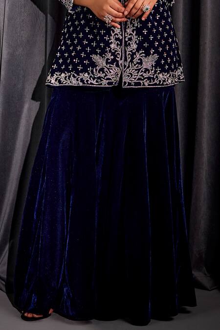 Studio22 By Pulkita Arora Bajaj_Blue Velvet Sequins, Beads, Embroidery V-neck Hand Kurta Gharara Set _Online_at_Aza_Fashions