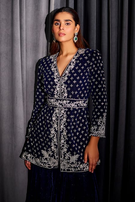 Buy_Studio22 By Pulkita Arora Bajaj_Blue Velvet Sequins, Beads, Embroidery V-neck Hand Kurta Gharara Set _Online_at_Aza_Fashions