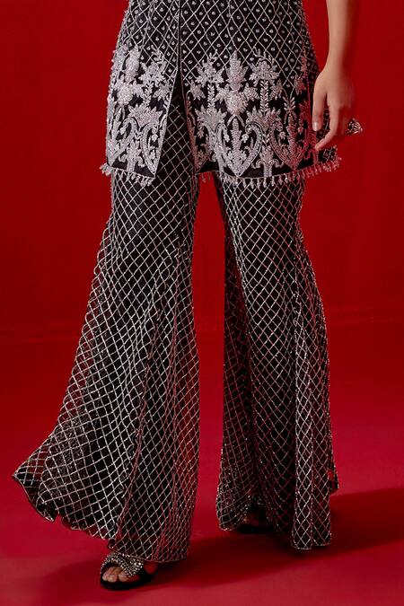 Buy_Studio22 By Pulkita Arora Bajaj_Black Net Pearls, Sequins, Beads Round Neck Hand Embroidered Kurta And Pant Set _Online_at_Aza_Fashions