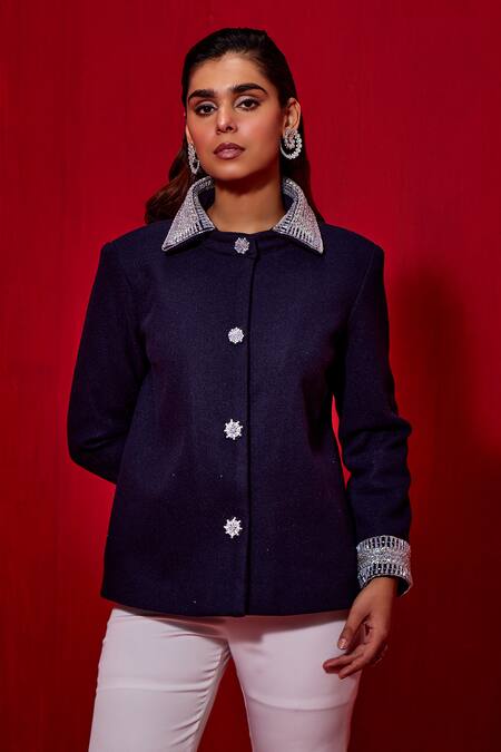 Shop_Studio22 By Pulkita Arora Bajaj_Blue Wool Beads, Pearls Glass Hand Embroidered Jacket For Kids_Online_at_Aza_Fashions