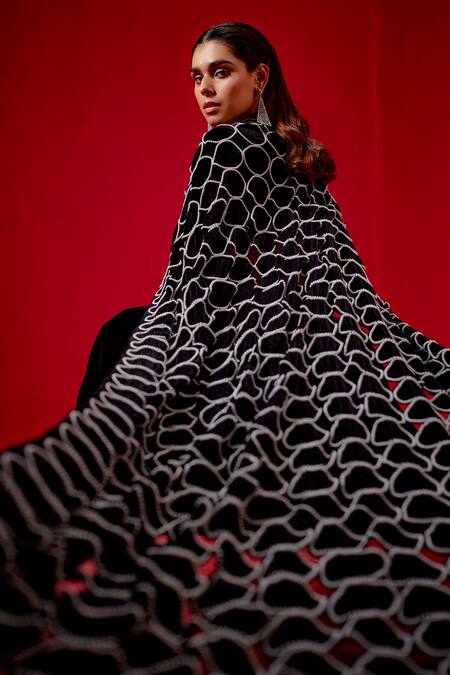 Studio22 By Pulkita Arora Bajaj Black Velvet Pearls Round Neck Lehenga Set With Spherical Embellished Shawl Online at Aza Fashions Studio22 By Pulkita Arora Bajaj_Black Velvet Pearls Round Neck Lehenga Set With Spherical Embellished Shawl _Online_at_Aza_Fashions