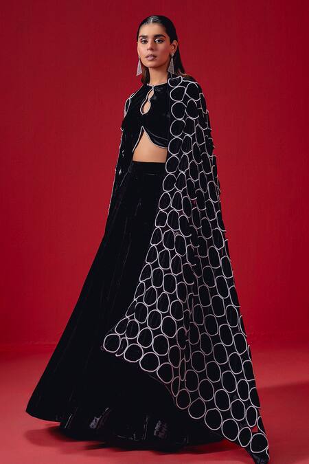 Buy Studio22 By Pulkita Arora Bajaj Black Velvet Pearls Round Neck Lehenga Set With Spherical Embellished Shawl Online at Aza Fashions Buy_Studio22 By Pulkita Arora Bajaj_Black Velvet Pearls Round Neck Lehenga Set With Spherical Embellished Shawl _Online_at_Aza_Fashions