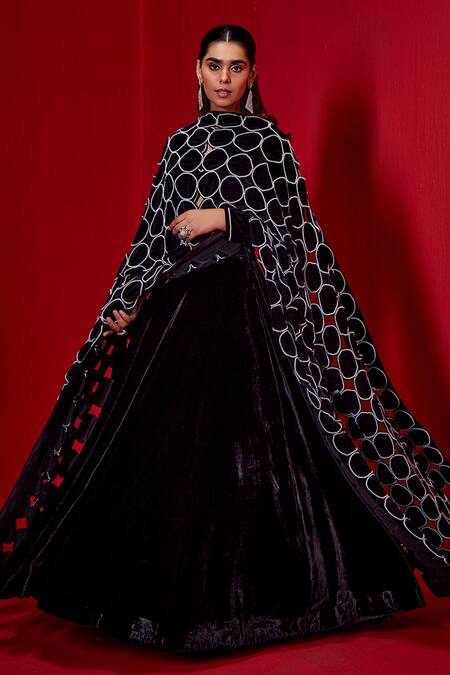 Shop Studio22 By Pulkita Arora Bajaj Black Velvet Pearls Round Neck Lehenga Set With Spherical Embellished Shawl Online at Aza Fashions Shop_Studio22 By Pulkita Arora Bajaj_Black Velvet Pearls Round Neck Lehenga Set With Spherical Embellished Shawl _Online_at_Aza_Fashions