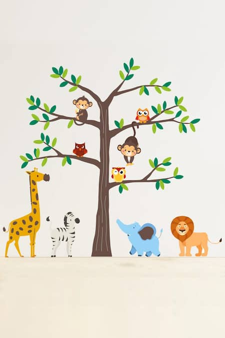 My Kids Wall Multi Color Vinyl Sticker Print Safari Tree Cute Animals Wall 10 Pcs Set 