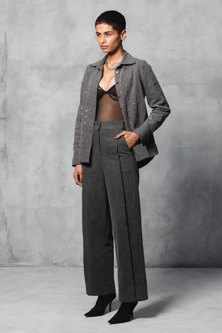 Mellowdrama_Black Cotton, Denim Studs Collared Eyelet Studded Shirt_Online_at_Aza_Fashions