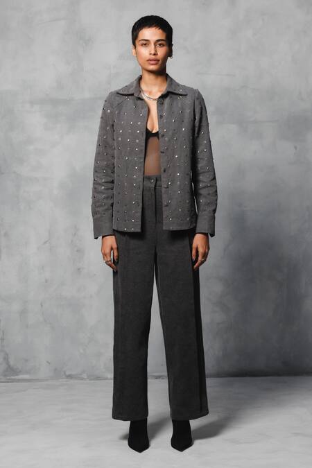 Buy_Mellowdrama_Black Cotton, Denim Studs Collared Eyelet Studded Shirt_Online_at_Aza_Fashions