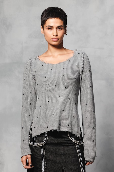 Mellowdrama Grey 100% Cotton Embroidery Metallic Quad Round Studded Sweater 