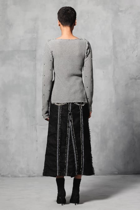 Shop_Mellowdrama_Grey Cotton Beads Round Neck Metallic Quad Studded Sweater _at_Aza_Fashions