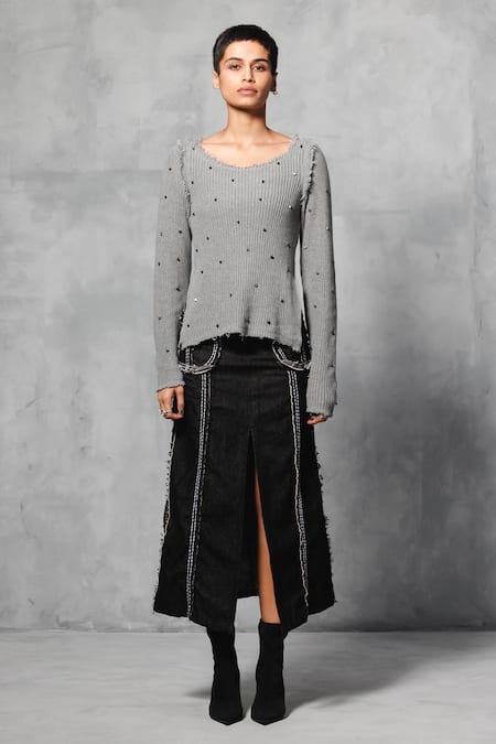 Mellowdrama_Grey Cotton Beads Round Neck Metallic Quad Studded Sweater _Online_at_Aza_Fashions