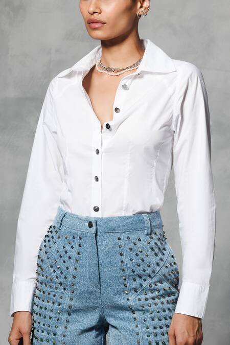 Mellowdrama_White Cotton Collared Plain Long Shirt_Online_at_Aza_Fashions