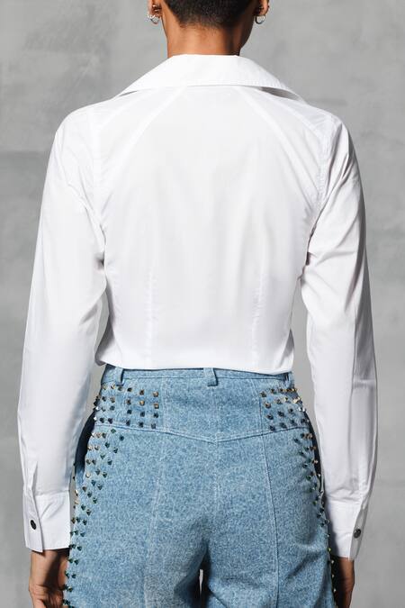 Shop_Mellowdrama_White Cotton Collared Plain Long Shirt_Online_at_Aza_Fashions