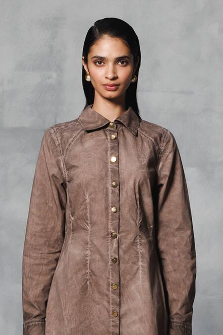 Mellowdrama_Brown Cotton Collared Overdyed Long Shirt_Online_at_Aza_Fashions
