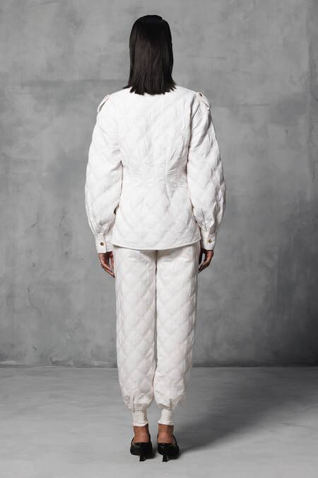 Shop Mellowdrama White Cotton Collared Quilted Jacket at Aza Fashions Shop_Mellowdrama_White Cotton Collared Quilted Jacket_at_Aza_Fashions