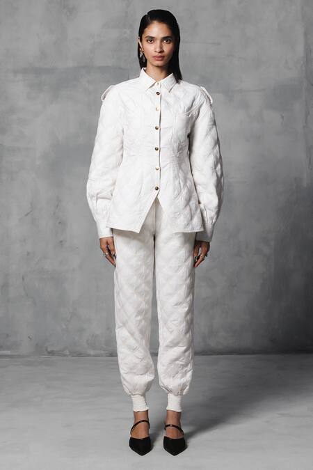 Mellowdrama White Cotton Collared Quilted Jacket Online at Aza Fashions Mellowdrama_White Cotton Collared Quilted Jacket_Online_at_Aza_Fashions