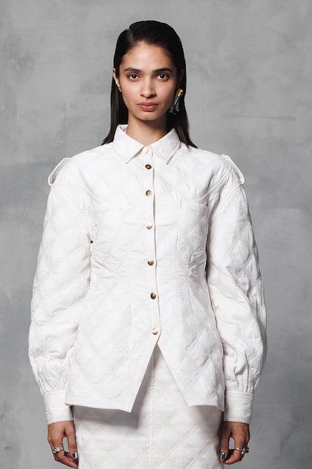 Mellowdrama_White Cotton Collared Quilted Jacket With Skirt_Online_at_Aza_Fashions