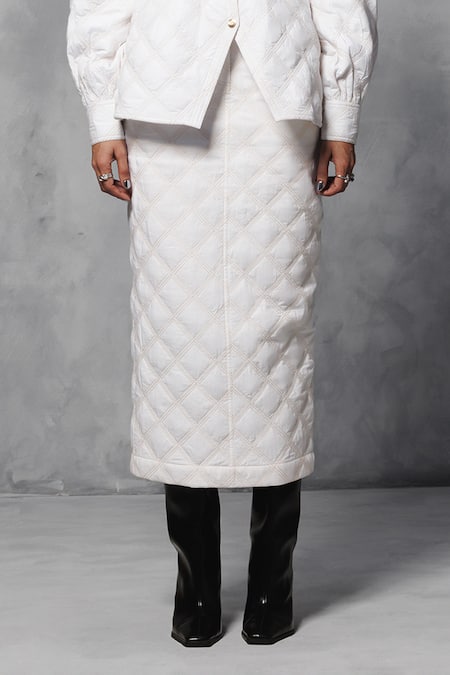 Buy_Mellowdrama_White Cotton Collared Quilted Jacket With Skirt_Online_at_Aza_Fashions