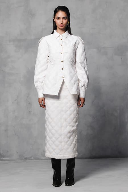 Shop_Mellowdrama_White Cotton Collared Quilted Jacket With Skirt_Online_at_Aza_Fashions
