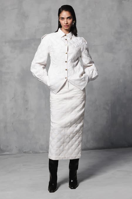Buy_Mellowdrama_White Cotton Quilted Skirt _Online_at_Aza_Fashions