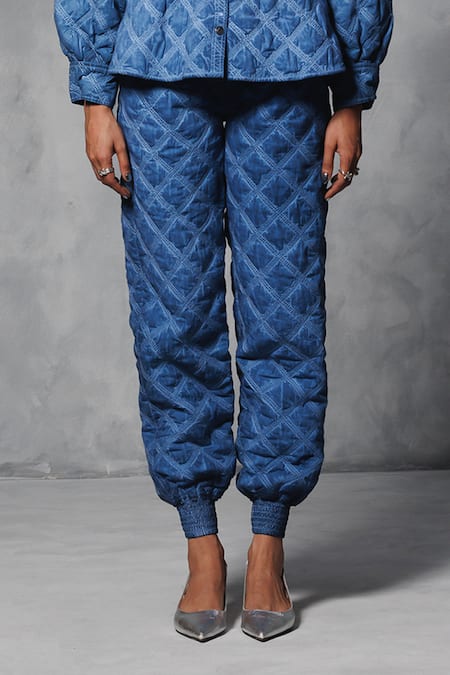 Mellowdrama_Blue Cotton High Waist Overdyed Quilted Joggers_Online_at_Aza_Fashions