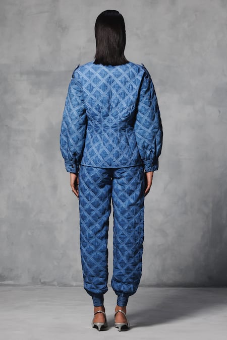 Shop_Mellowdrama_Blue Cotton Collared Overdyed Quilted Jacket _at_Aza_Fashions