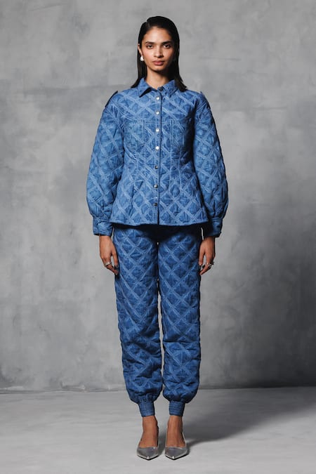Mellowdrama_Blue Cotton Collared Overdyed Quilted Jacket _Online_at_Aza_Fashions