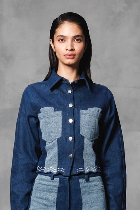 Mellowdrama Blue Cotton, Denim Collared Panelled Mix And Match Crop Jacket With Pant Online at Aza Fashions Mellowdrama_Blue Cotton, Denim Collared Panelled Mix And Match Crop Jacket With Pant_Online_at_Aza_Fashions