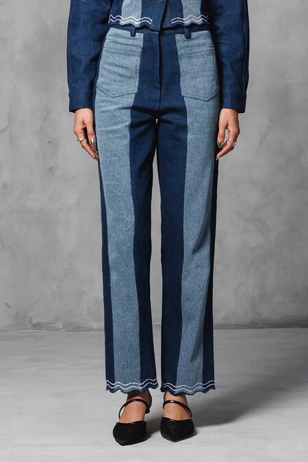 Buy Mellowdrama Blue Cotton, Denim Collared Panelled Mix And Match Crop Jacket With Pant Online at Aza Fashions Buy_Mellowdrama_Blue Cotton, Denim Collared Panelled Mix And Match Crop Jacket With Pant_Online_at_Aza_Fashions