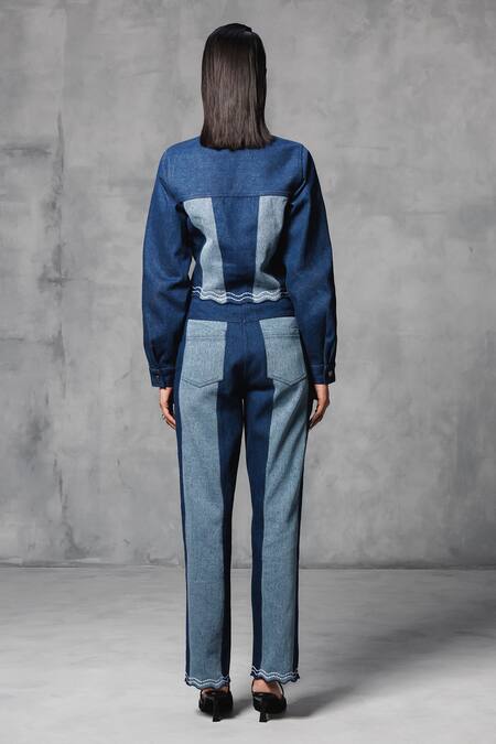 Shop Mellowdrama Blue Cotton Collared Panelled Mix And Match Crop Jacket at Aza Fashions Shop_Mellowdrama_Blue Cotton Collared Panelled Mix And Match Crop Jacket_at_Aza_Fashions